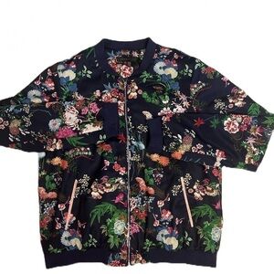 Forest Lily Women Floral Full Zip Soft Sheen Bomber Jacket Blue Sz M